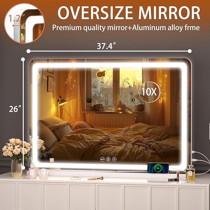 Hasipu Vanity Mirror with Lights, 37.4" x 26" LED Makeup Mirror, Lighted Makeup Mirror with Dimmable 3 Modes, Touch Screen Control Vanity Mirror Round White