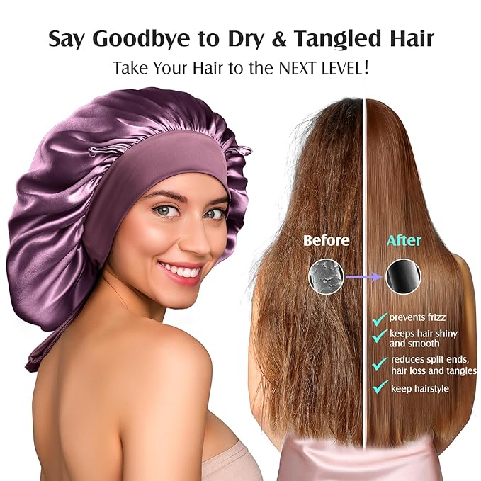 YFONG 100% 22 Momme Mulberry Silk Bonnet for Sleeping Women, Larger Double Layer Silk Hair Wrap for Curly Short Long Hair, Non-Slip Sleep Cap Turban with Elastic Tie Band for Hair Care, Purple