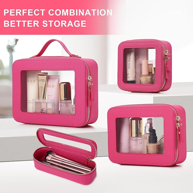 Pinkmik Travel Clear Makeup Bag with Brush Case TSA Approved Toiletry Bag Waterproof Cosmetic Organizer with Zipper Car Essential for Women (X/Fuxia, M+SLIM)