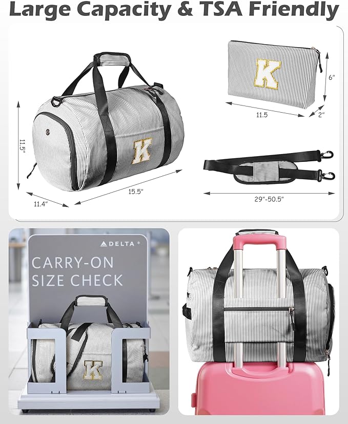 Gifts for Teenager, Girls Travel Duffle Bag, Kids Initial Overnight Bags with Shoe Compartment, Monogram Weekender Bag with Makeup Pouch, Stocking Stuffers for Teen Girl (Letter F)