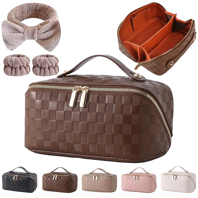 Travel Makeup Bag Travel Toiletry Bag Waterproof PU Leather Checkered Makeup Organizer Bag Woman Cosmetic Organizer Bag With Headband and Wristband Set (Brown, Checkerboard pattern)