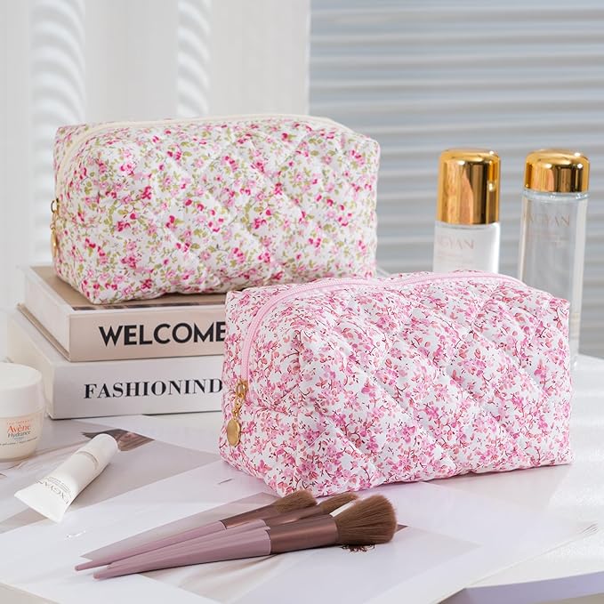 Makeup Bag Travel Toiletry Bag for Women, Small Cosmetic Bags Cute Quilted Cotton Makeup Pouch for Purse Emergency Bag for School Floral Pencil Case Accessory Bag, Baby Pink