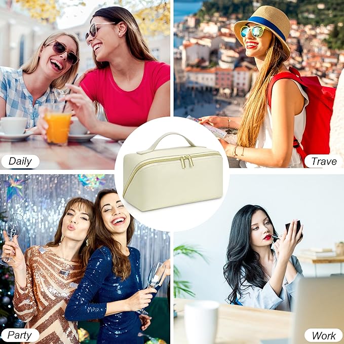 for Christmas Day Gifts, Makeup Bag for Women, PU Leather Travel Toiletry Bags, Initial Make Up Cosmetic Pouch for Teen Girls, Wide Open Portable Skincare Bag, Personalized Birthday Gifts, White