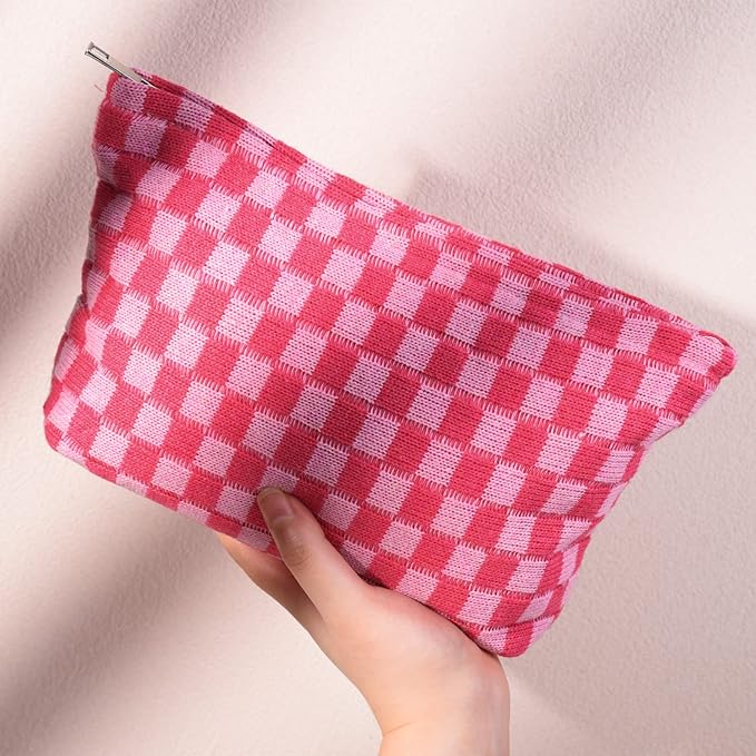 SOIDRAM 2 Pieces Makeup Bag Large Checkered Cosmetic Bag Capacity Canvas Travel Toiletry Bag Organizer Cute Makeup Brushes Aesthetic Accessories Storage Bag for Women, Checkered L Green Rose red
