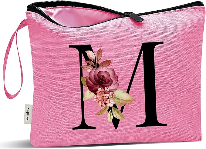 Vavabox A-Z Personalized Makeup Bag, Birthday Gifts for Women Mom, Gifts for Best Friend, Bride Bridesmaid Cosmetic bag (M, Peach)