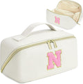for Christmas Day Gifts, Makeup Bag for Women, PU Leather Travel Toiletry Bags, Initial Make Up Cosmetic Pouch for Teen Girls, Wide Open Portable Skincare Bag, Personalized Birthday Gifts, White N