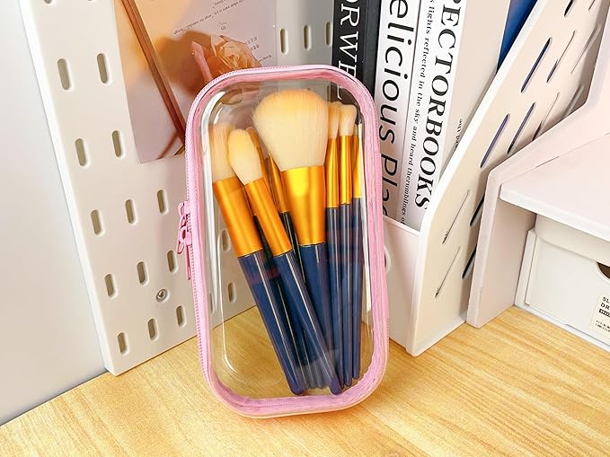 3PCS Clear Zipper Cases, Portable Clear Organizer Pouches for Travel, Double Zippered Hard Shell Plastic Case, Cosmetic Bag for Make Up Tools, Toiletries, Toy Storage (Pink, 2 Pack)