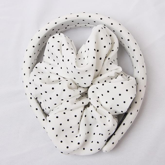 Headband and Scrunchie Set for Women 2Pack Hair Ties for Girls Elastics Bands Ponytail Holder Hair Accessories White Dot
