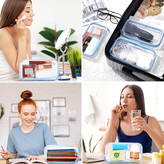 Hoolerry 3 Pcs Clear Hard Zipper Case Plastic Pouch Transparent Hard Case Clear Makeup Bag Portable Travel Organizer Bin for Cosmetics, Building Blocks, Puzzles(Blue,S)