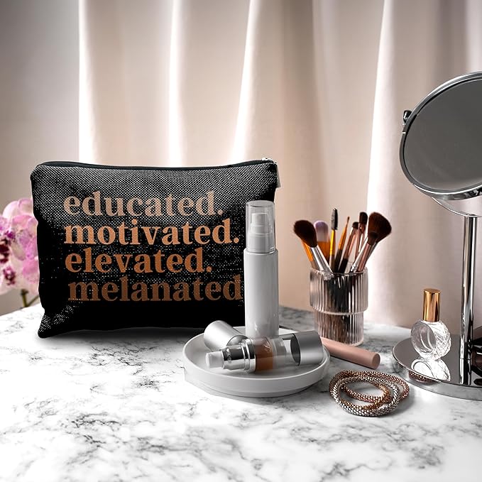 Nogrit African American Gifts,Black Women Gifts,Educated Motivated Elevated Melanated,Black Women Makeup Bag Cosmetic Bag, Melanin Makeup Travel Toiletry Bag,gifts for African American women/black