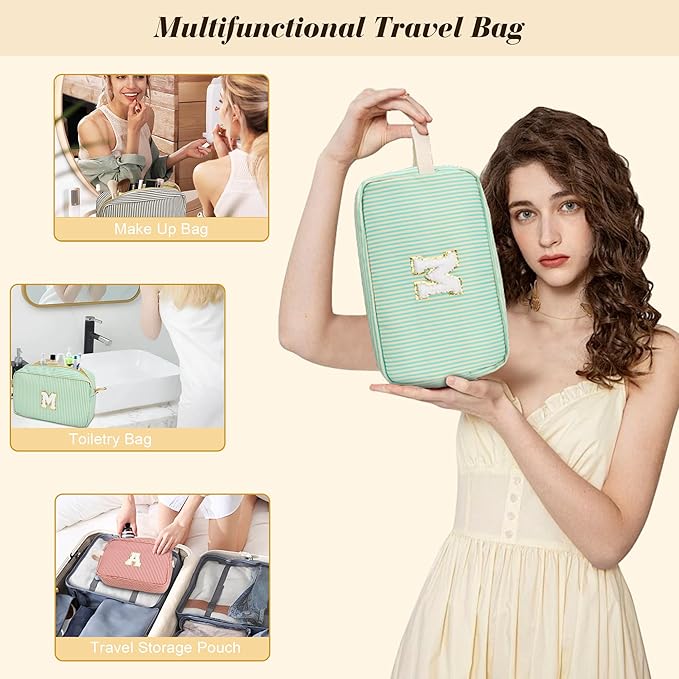 Travel Makeup Bag Christmas Gifts for Women Girl Teens, Personalized Initial Makeup Bag for Cute Teen Girls, Preppy Stuff Toiletry Bag Cosmetic Bag, Teen Girls Gift Trendy Stuff, Letter W