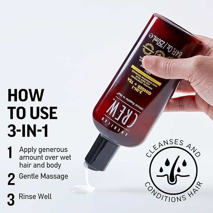 AMERICAN CREW 3-in-1 Ginger & Tea, Shampoo, Conditioner & Body Wash for Men, Hair Care Gift for Him, Revitalizing and Refreshing Fragrance, 8.4 fl oz