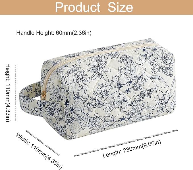 Makeup Bag Travel Cosmetic Bag for Women, Zipper Make Up Pouch, Floral Flowers Toiletry Organizer Makeup with Handle, Cosmetic Travel Cloth Bag (Navy Blue Flower)