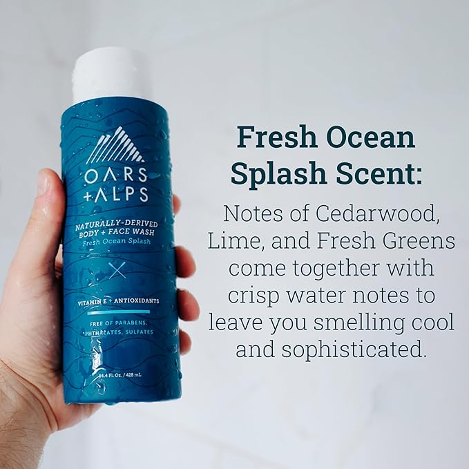 Oars + Alps Body Wash for Men, Mens Body Wash with Vitamin E and Antioxidants, Moisturizing, Hydrating, Paraben & Sulfate Free Cleanser, Fresh Ocean Splash, 1pk