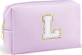 Gifts for Girls Initial Makeup Bag Personalized Cosmetic Bag with Zipper Cute Travel Toiletry Bag Waterproof PU Preppy Makeup Pouch Birthday Gift for Teen Girls Women(Purple L)