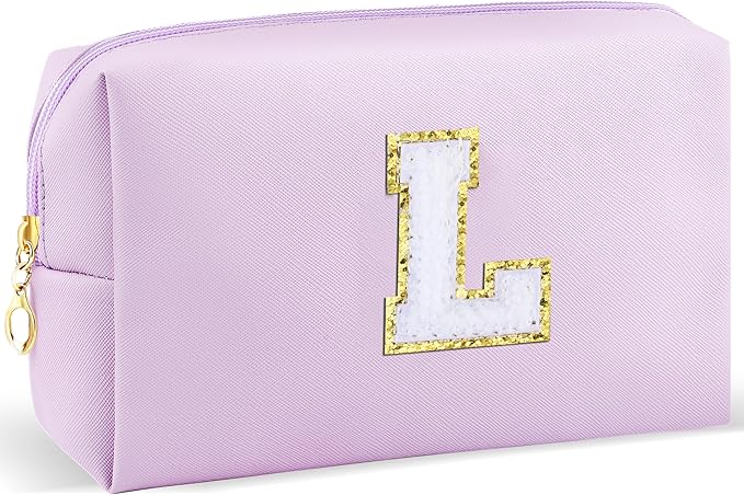 Gifts for Girls Initial Makeup Bag Personalized Cosmetic Bag with Zipper Cute Travel Toiletry Bag Waterproof PU Preppy Makeup Pouch Birthday Gift for Teen Girls Women(Purple L)