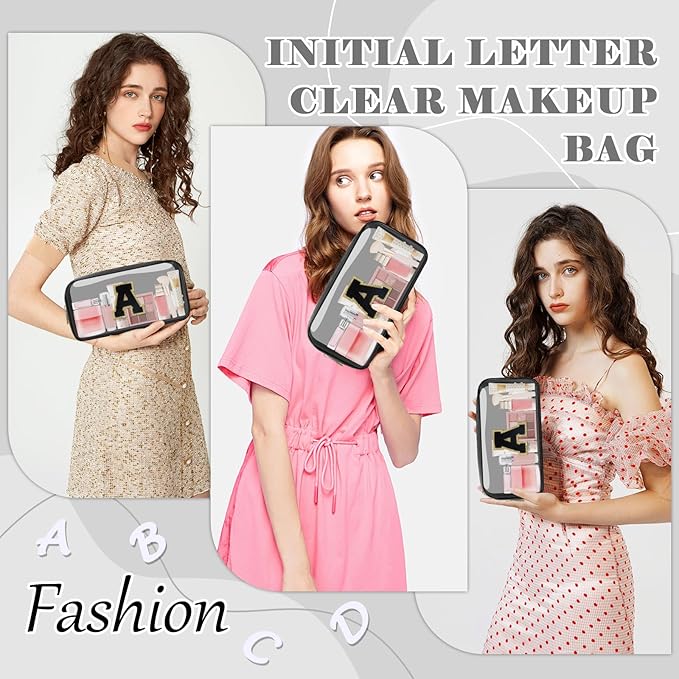 Personalized Initial Letter Clear Makeup Bag,Preppy Small Nylon&PVC Cosmetic Zipper Bag with Chenille Letter,Travel Skincare Toiletry Bag,Monogram Christmas Gift for Teen Girls Women,A