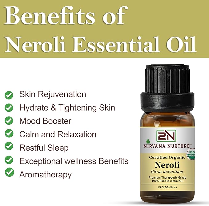 Neroli Essential Oil USDA Certified Organic, 100% Pure Natural Premium Grade, Undiluted- Aromatherapy Diffuser for Calm and Relaxation, Skin Care, Hair Care