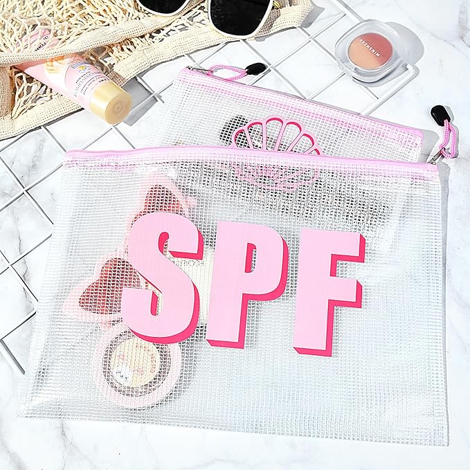SOIDRAM 2PCS SPF Makeup Bag Clear Zippered SPF Bag Cosmetic Pouch Waterproof Travel Toiletry Organizer for Women Varsity Letter Patch Beach Pool Essentials