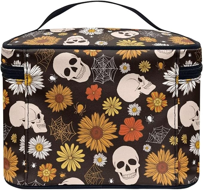 Gothic Skull Daisy Floral Pattern Travel Makeup Bag for Women Large Capacity Cosmetic Bags with Zipper and Handle Make Up Tote Bags Organizer Portable Toiletry Bags