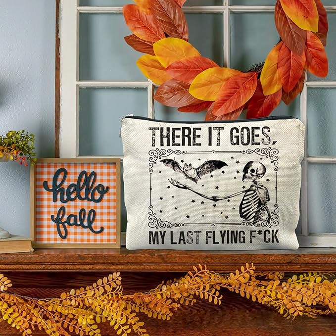 Halloween Makeup Bag, Goth Skeleton & Bat Design, White, Waterproof Linen Cosmetic Bag for Women