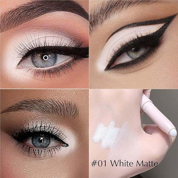White Eyeshadow Stick, Matte Cream Eyeshadow Long-Lasting Crease-Proof Eye Brightener Stick High Pigmented Shadow Highlighter Makeup Pencil Crayon with Blending Brush & Built-in Sharpener