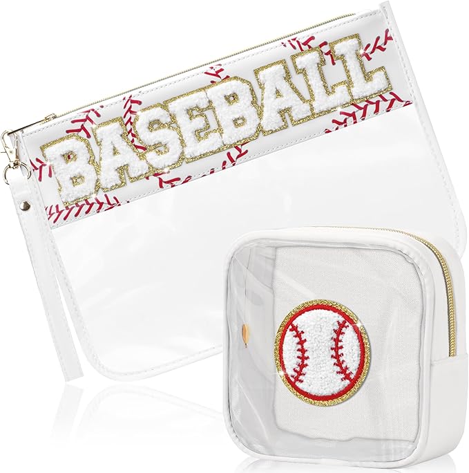 2 Pcs Baseball Gifts Cosmetic Makeup Bag with Chenille Letter Patch, Clear Pouch PVC Organizer Purse, Waterproof Travel Bag, Portable Toiletry Storage Bag for Her Girls Friends Women
