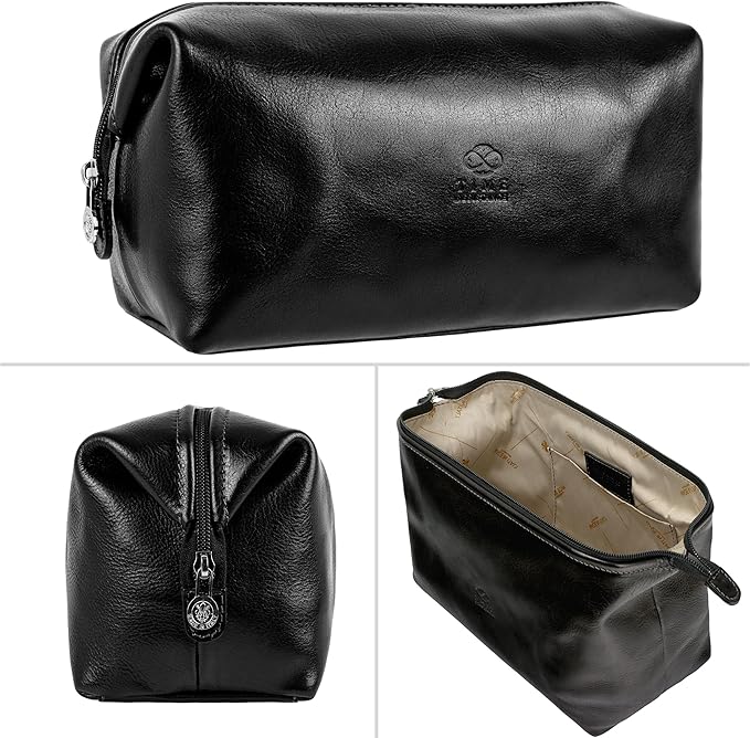 Time Resistance Leather Toiletry Bag Cosmetic Case Italian Classy Dopp Kit