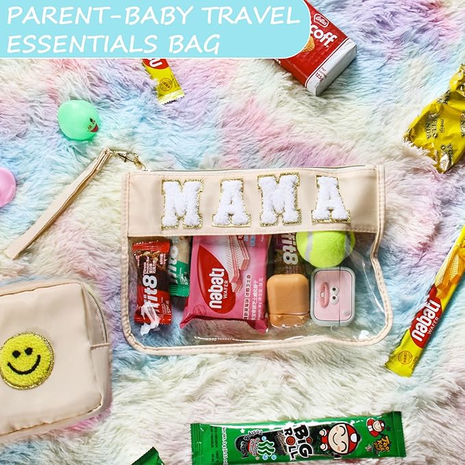2 Pcs Preppy Patch Clear Mama Bag, Women Chenille Letter Makeup Cosmetic Bag for Travel, PVC Waterproof Organization Outdoor Zipper Pouch Toiletry Bag for Women Girl
