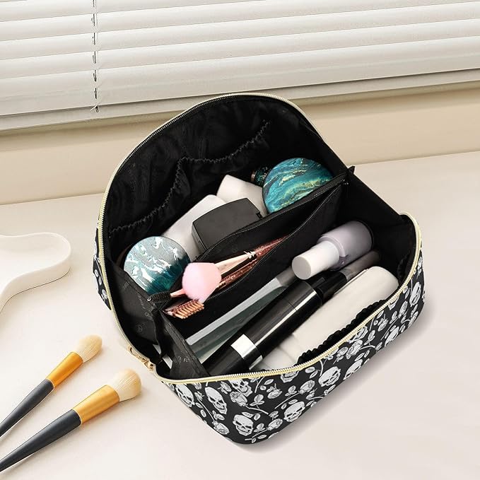 Makeup Organizer Bag, Skull with Rose Print Travel Makeup Bags Makeup Vanity Case Large Capacity Rhombus Cosmetic Toiletry Bag for Girl Women Ladies