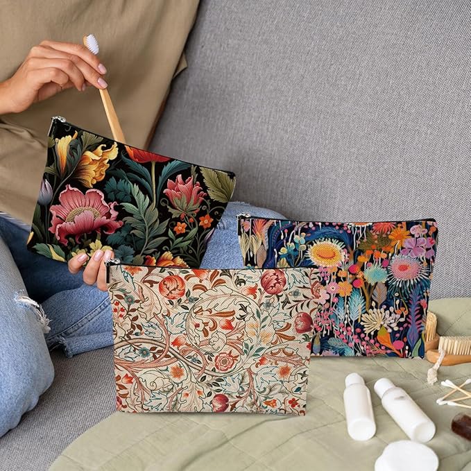 3pcs Colorful Flower Makeup Bag, Abstract Botanical Flower Cosmetic Bag, Christmas Wedding Anniversary Birthday Friendship Gifts for Women Girls Best Friends Sister Bestie Grandma Travel Toiletry Bag