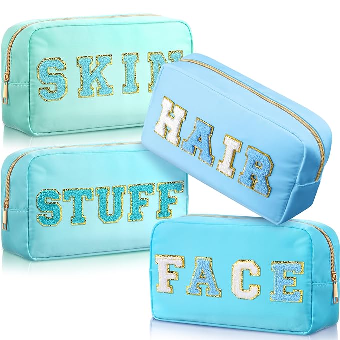 Remerry 4 PCS Nylon Cosmetic Bags Waterproof Spacious Travel Makeup Organizer for Women Chenille Letter Preppy Zipper Pouch Face Stuff Skin Hair Organizer Gift(Blue Green Colors)