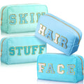 Remerry 4 PCS Nylon Cosmetic Bags Waterproof Spacious Travel Makeup Organizer for Women Chenille Letter Preppy Zipper Pouch Face Stuff Skin Hair Organizer Gift(Blue Green Colors)