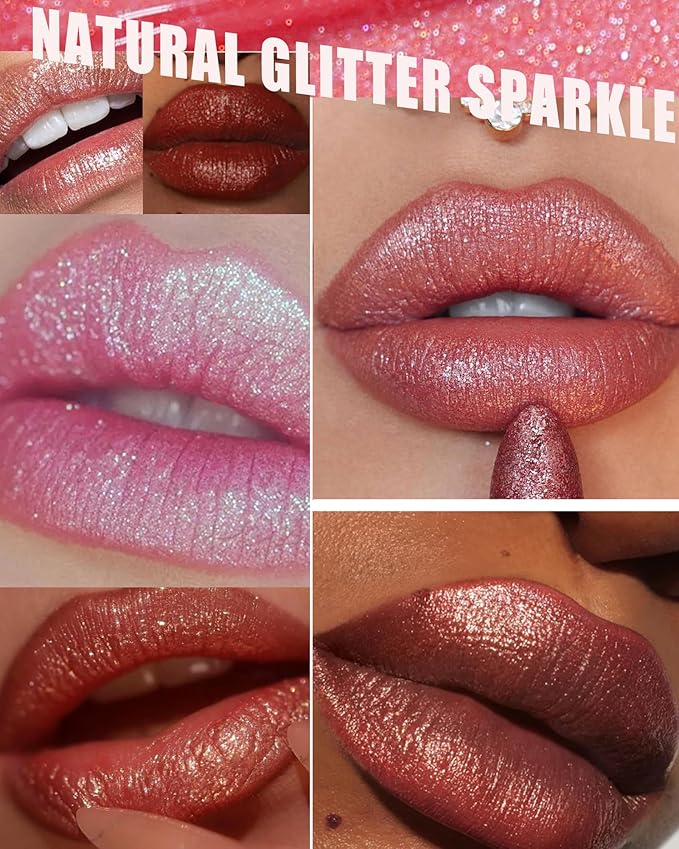 Pink Metallic Glitter Lipstick Long Lasting, Diamond Nude Shimmer Lip Gloss High Pigmented Lip Red Color Matte Lip Stick for Women, Sparkling Shiny Transfer Proof Non Stick Tinted Lip Balm Makeup-02