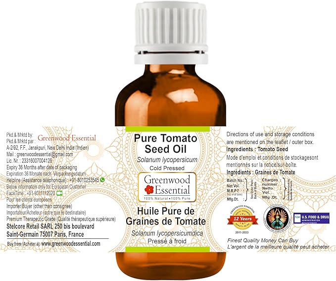 Greenwood Essential Tomato Seed Oil (Solanum lycopersicum) | Cold Pressed | Natural | Undiluted | For Diluting Essential Oils | For Skin & Massage | Men & Women | 15ml (0.50 oz)