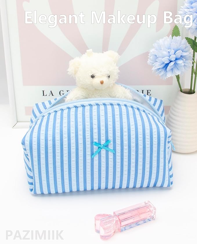 PAZIMIIK Cozy Makeup Bag Small Aesthetic Travel Zipper Cosmetic Pouch for Women Make Up Beauty Accessories Brushes, Stripe Lake Blue