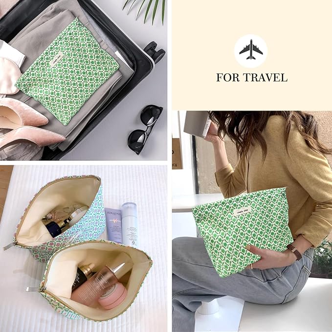 STARDW Aesthetic Floral Makeup Bag Cute Small Cosmetic Bags for Women Girls, Travel Toiletry Bag Large Capacity Zipper Makeup Pouch, Purse Organizer Pouches (Green Flora)