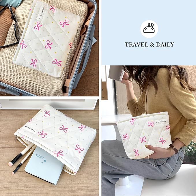 STARDW Cute Cotton Quilted Makeup Bag Cosmetic Bags for Women and Girls,Travel Toiletry Bag Floral Makeup Zipper Pouch, Purse Organizer Pouches,Canvas Lining