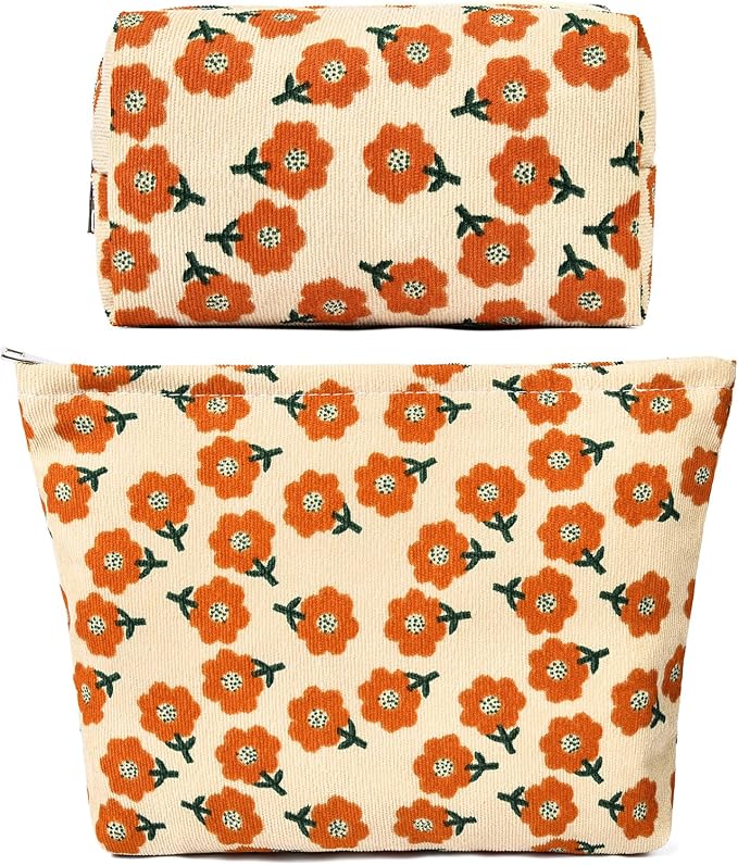 SOIDRAM 2 Pieces Flower Makeup Bag Large Corduroy Cosmetic Bag Capacity Canvas Mix Travel Toiletry Bag Organizer Cute Makeup Brushes Aesthetic Accessories Storage Bag for Women, Flower Mix Orange