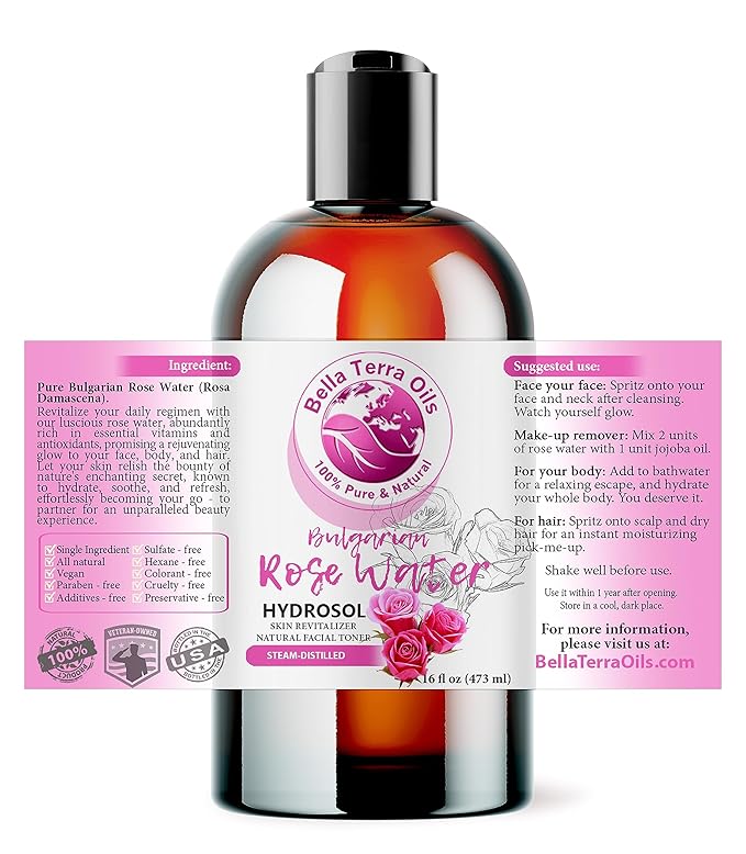 Bella Terra Oils - Organic Rose Water Mist 16oz - Infused with Authentic Rose Essence, Elevate Your Daily Beauty Ritual, Essential for Skin Hydration