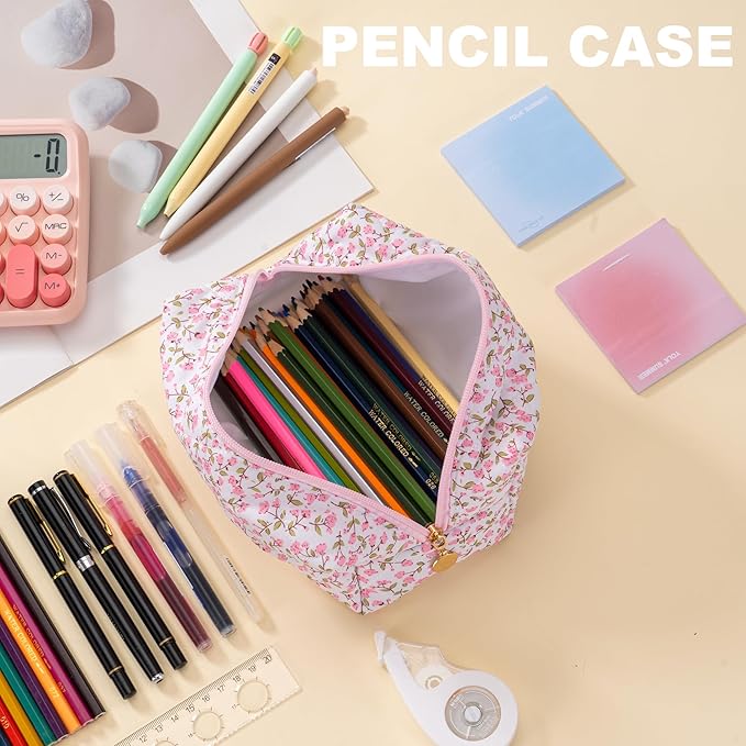 Makeup Bag Travel Toiletry Bag for Women, Small Cosmetic Bags Cute Quilted Cotton Makeup Pouch for Purse Emergency Bag for School Floral Pencil Case Accessory Bag, Pink