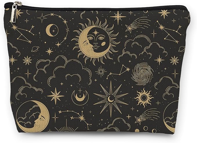 huester Black Golden Sun and Moon Star Witchy Makeup Bag, Moon Make Up Bag, Tarot Cosmetics Bag, Cosmetic Bags Travel Makeup Pouch Astrology Witchy Gifts for Purse Women Girls Sister Mom