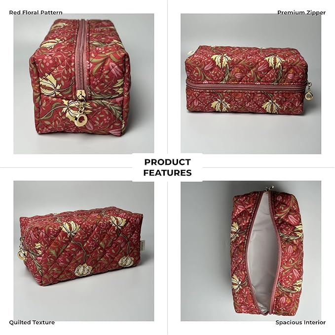 Floral Cotton Makeup Brush Cosmetic Bag for Women, Travel Quilted Zipper Pouch, Large Capacity Flowers Toiletry Organizer, Kawaii Makeup Storage Case, Cosmetic Travel Cloth Bag-Garden Red