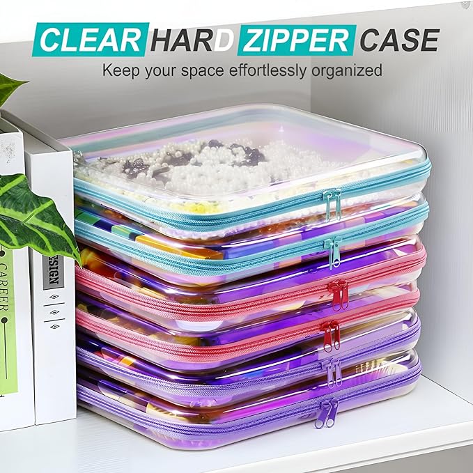 Sanwuta 6 Pcs Clear Hard Zipper Case Hard Plastic Zipper Pouches Makeup Bag Pencil Pouches Transparent Cases for Snacks Plastic Storage Organizer Box for Travel(Holographic,13.78 x 11.81 x 2 Inch)