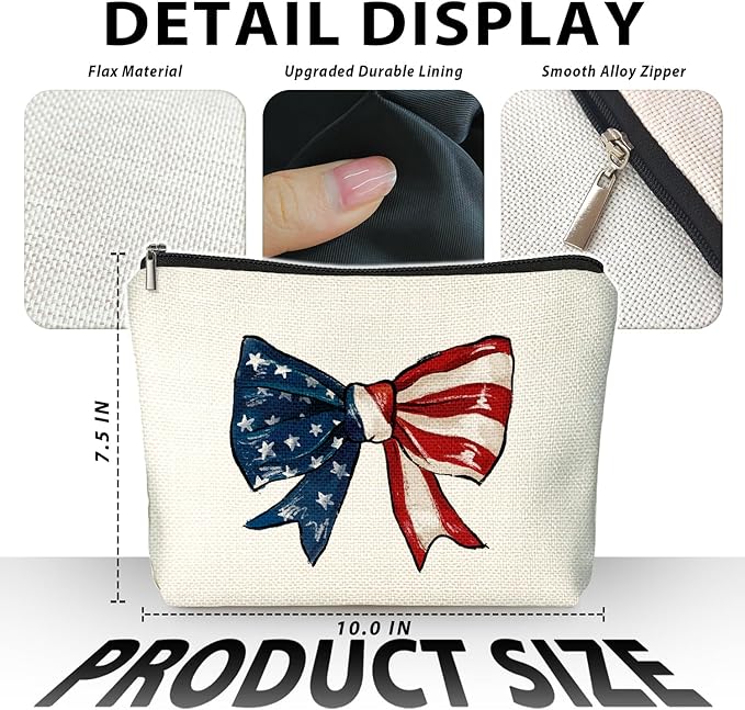 Coquette American Flag Bow Makeup Bag, Gifts for Patriotic Women Cosmetic Bag, Preppy Red White and Blue Bow Small Toiletry Bags Zipper Makeup Pouch