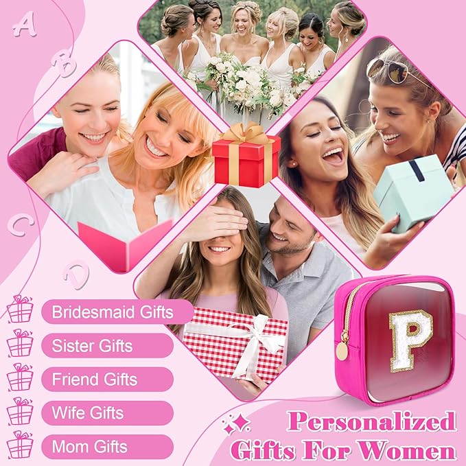 Personalized Initial Letter Clear Preppy Makeup Bag,Mini Nylon Chenille Letter Cosmetic Bag Cute Zipper Pouch Coin Purse for Teen Girls,Portable TSA Approved Travel Essentials Bag Gift for Women,P