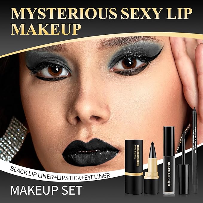 Black Lipstick Halloween Black Lip Liner & Gel Eyeliner Pencil,Matte Black Lipstick Long Lasting Smudge Proof,Velvet Lip Gloss,Non Stick Cup,Suitable for Halloween Cosplay Goth Makeup