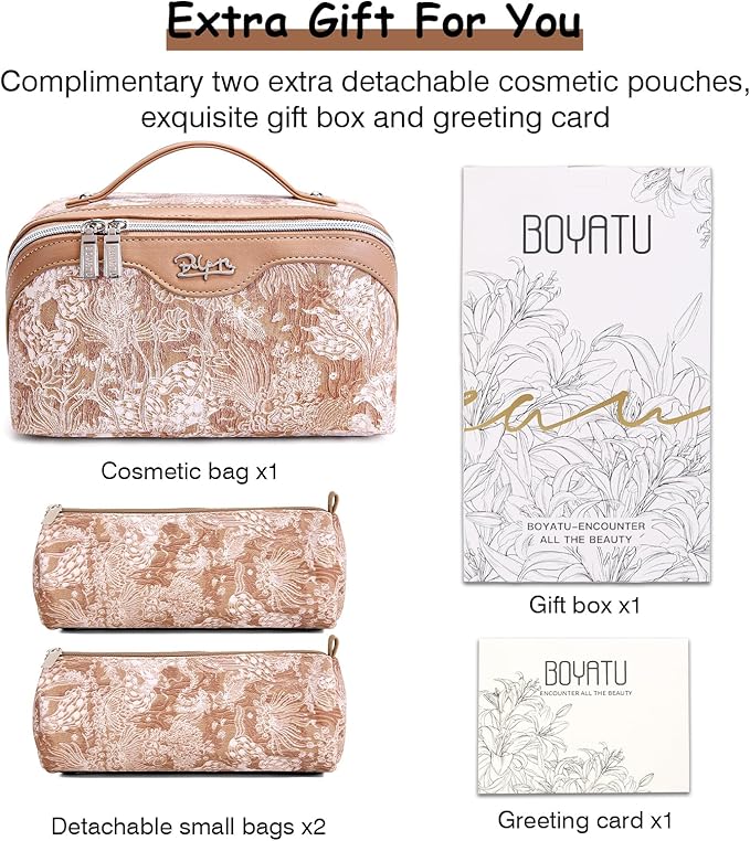 BOYATU Travel Makeup Bag for Women: Large Capacity Make up Bag with Compartments - Vegan Leather Cosmetic Bag set of 3 - Waterproof Toiletry Bag with Handle & Divider(E-5-Orange)