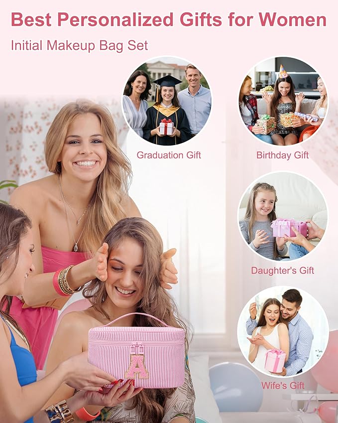 MONSTINA Personalized Initial Makeup Bag for Women,Make Up Case for Girlfriend Bridesmaid Wife,|Personalized Gifts for Women Friends|Cute Toiletry Make Up Traveling Stuff Organizer,Pink X