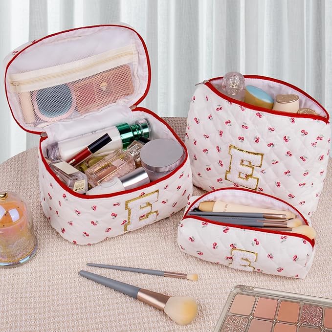 Initial Makeup Bag Set, Personalized Quilted Makeup Bag, Large Floral Cosmetic Bag for Women, Cute Cotton Custom Make up Bags, Flower Travel Toiletry Bag Teen Girl Gift Trendy Stuff Gift Red Cherry S